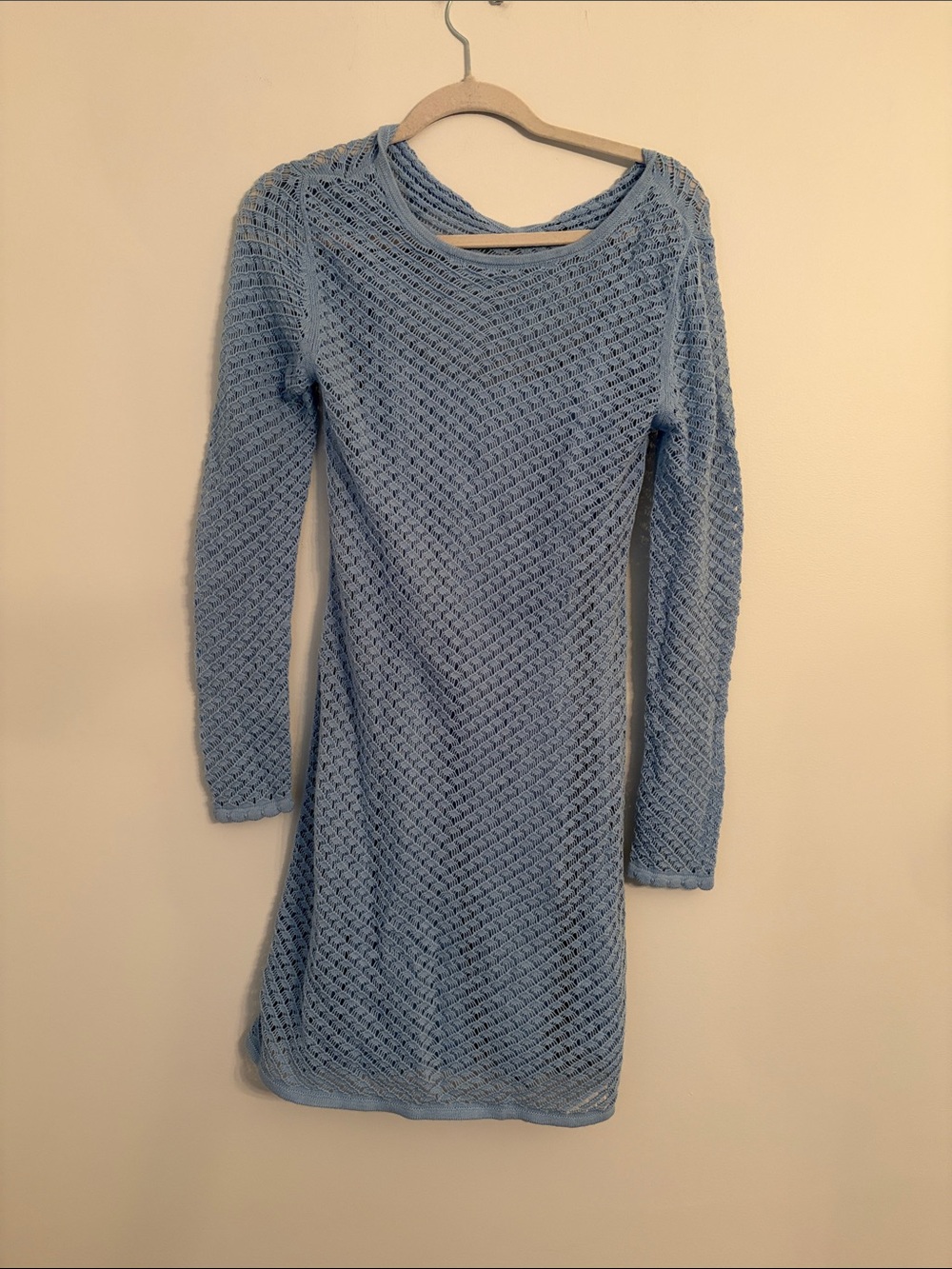 Everlane Light Blue Long Sleeve Crochet Knit Organic Cotton Mini Dress NWT